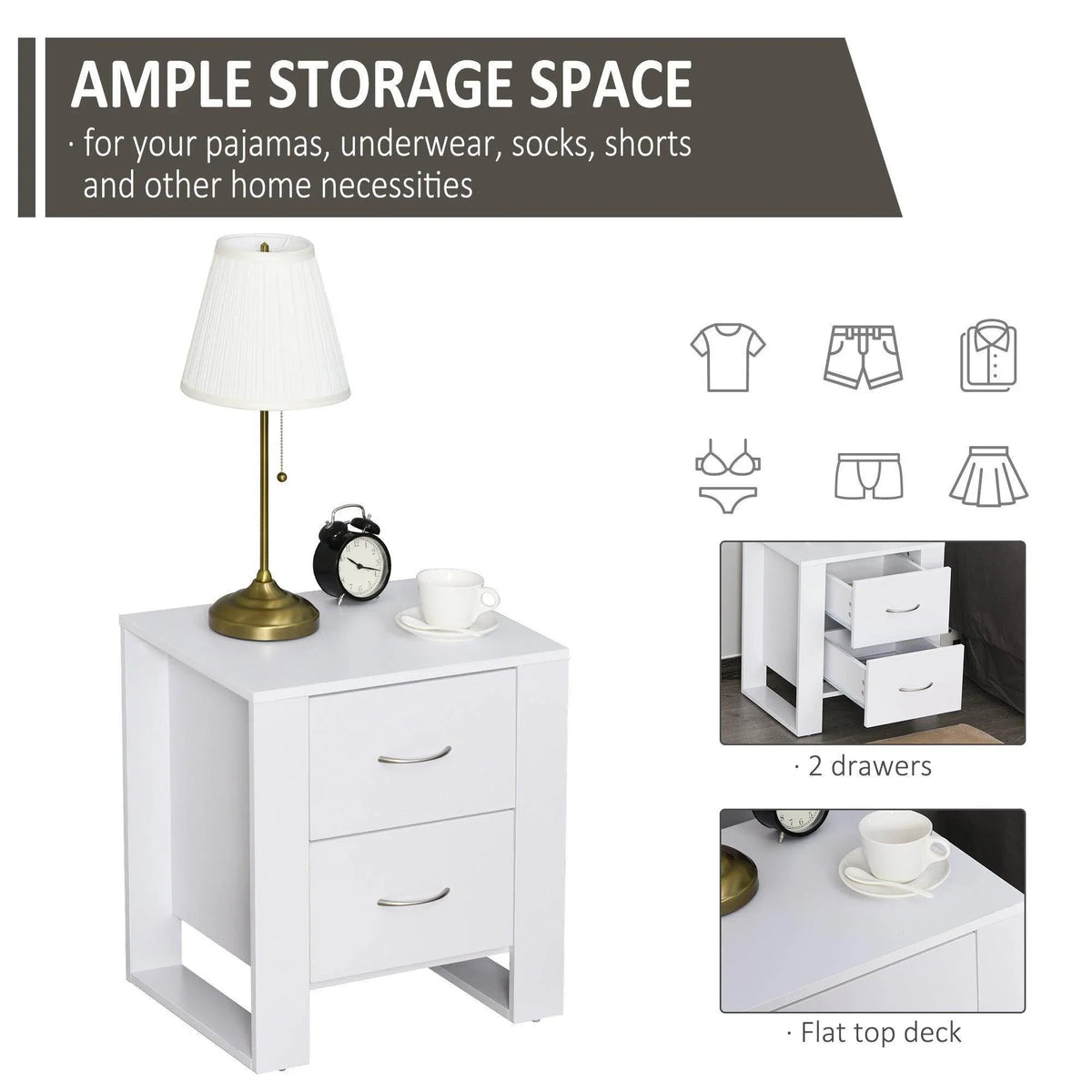White 2-drawer nightstand with curved metal handles and flat top deck