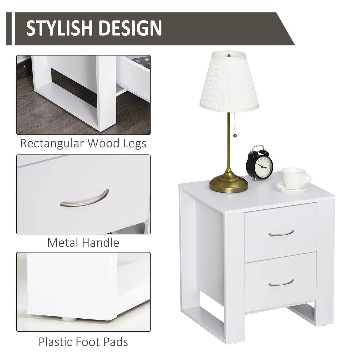 White nightstand with rectangular wood legs, curved metal handles, drawer front close-up