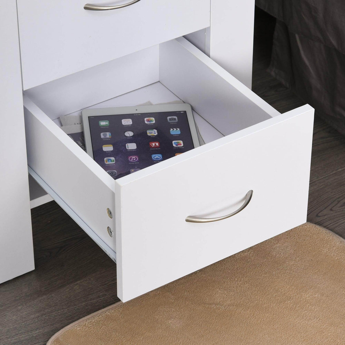 Open 2-drawer bedside table with curved metal handles and visible interior storage
