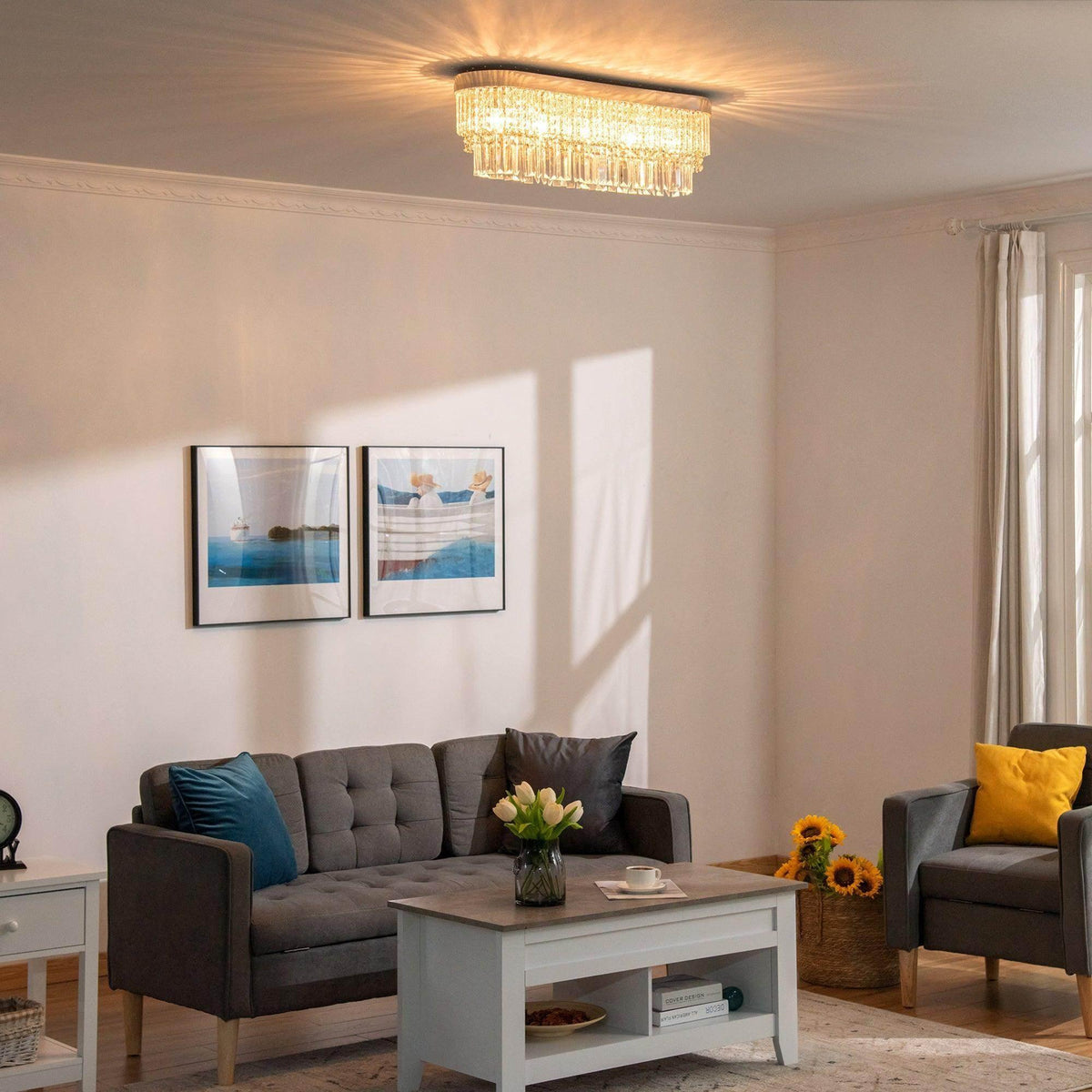 Gold crystal chandelier with cascading drop strands, flush ceiling mount, warm lit glow.