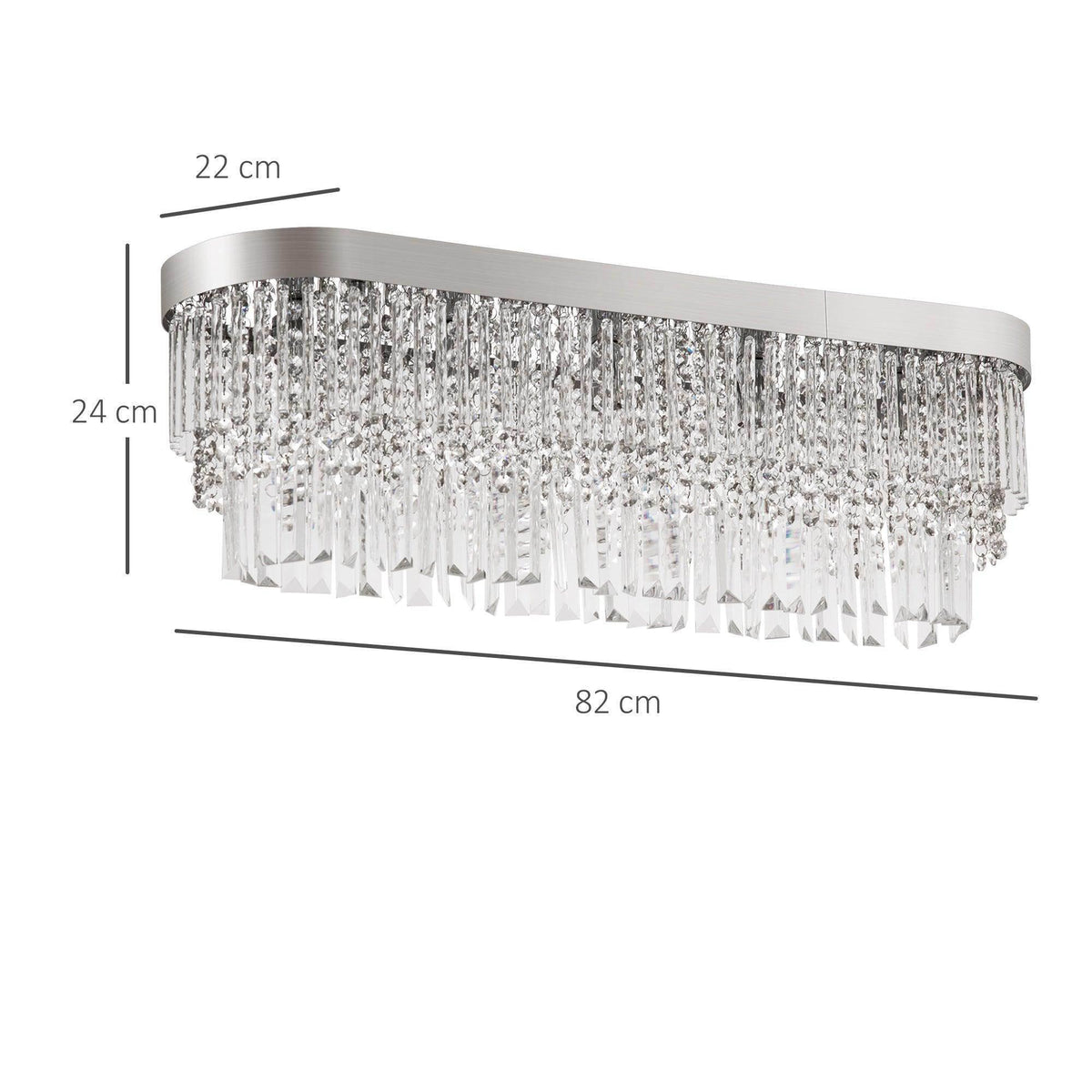 Modern crystal chandelier with clear drop strands and brushed metal round canopy, 82 cm wide.