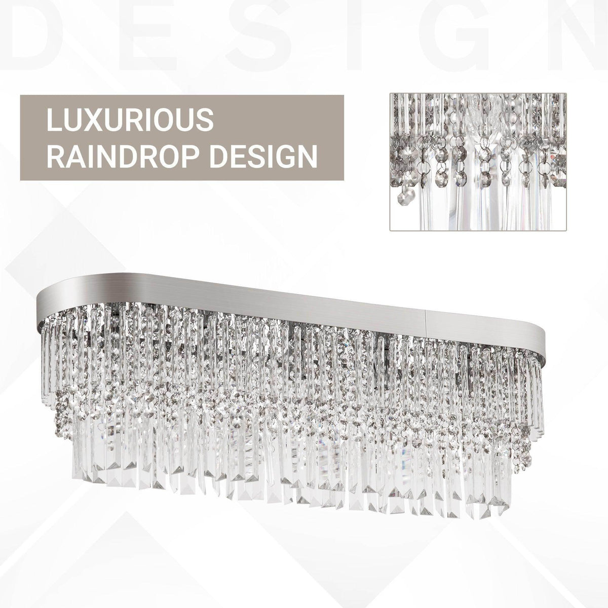 Flush-mount crystal chandelier with dense clear rain-drop strands and round brushed metal frame.