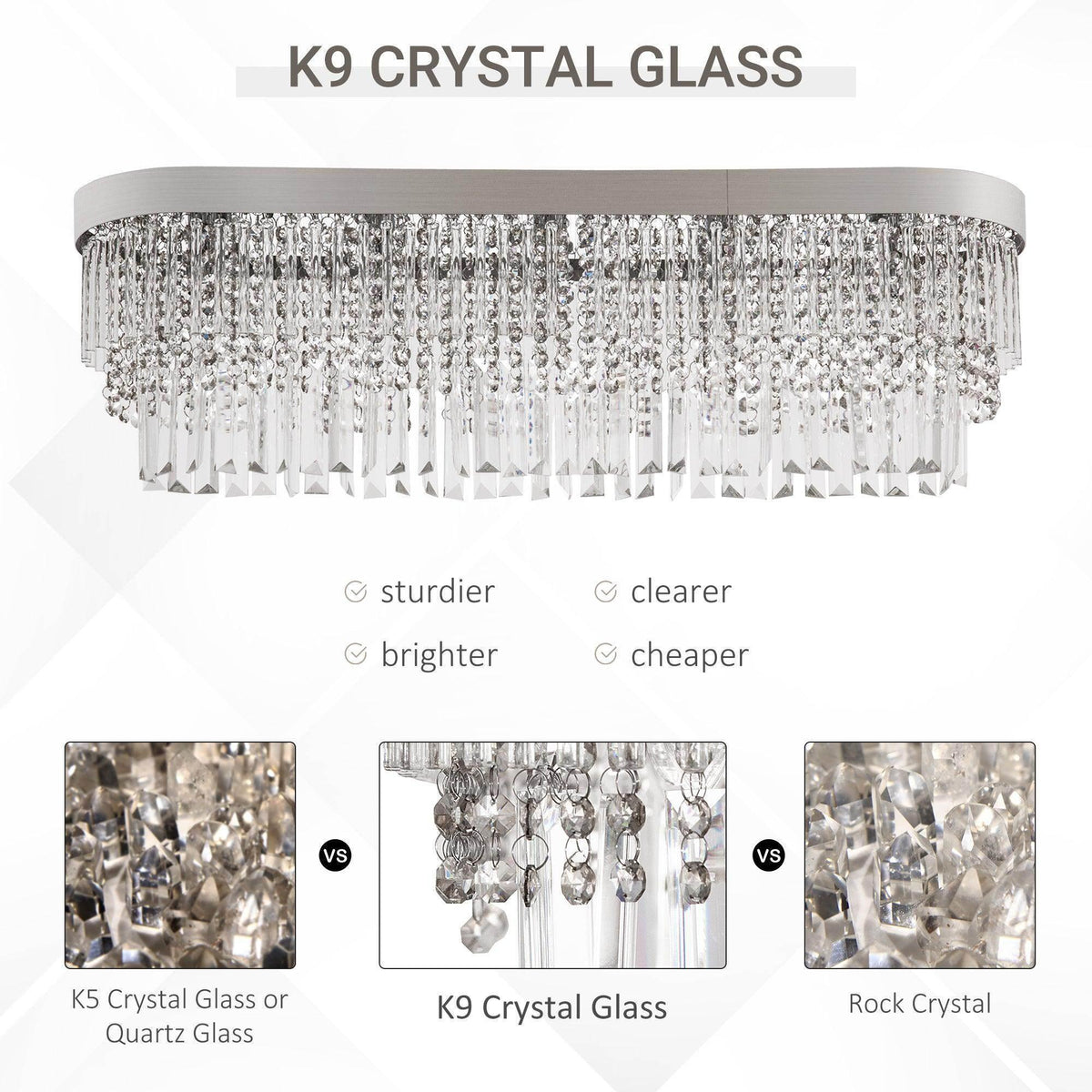 Ceiling crystal chandelier with clear dangling drops, ringed crystal strings, metal canopy.