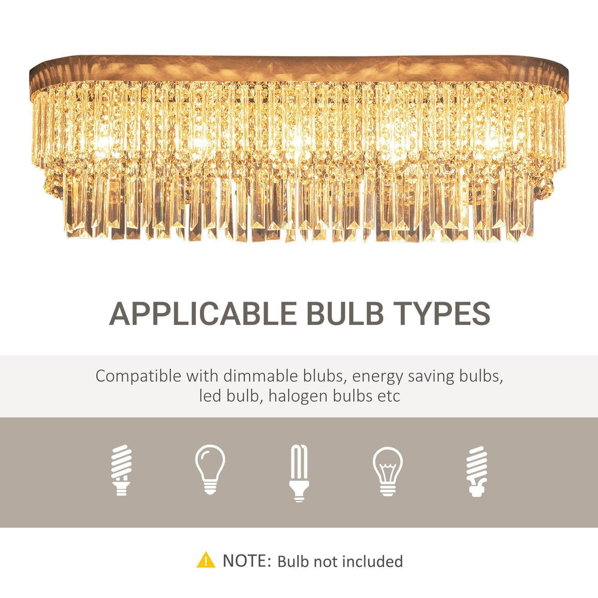 Gold crystal chandelier with shimmering cascading drop strands, warm illuminated ceiling fixture.