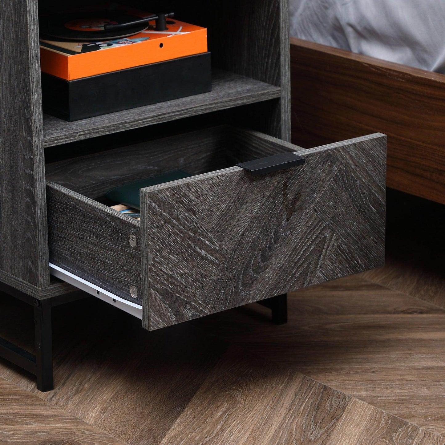 HOMCOM Modern Dark Grey Bedside Table with Drawer and Shelf - ALL4U RETAILER LTD