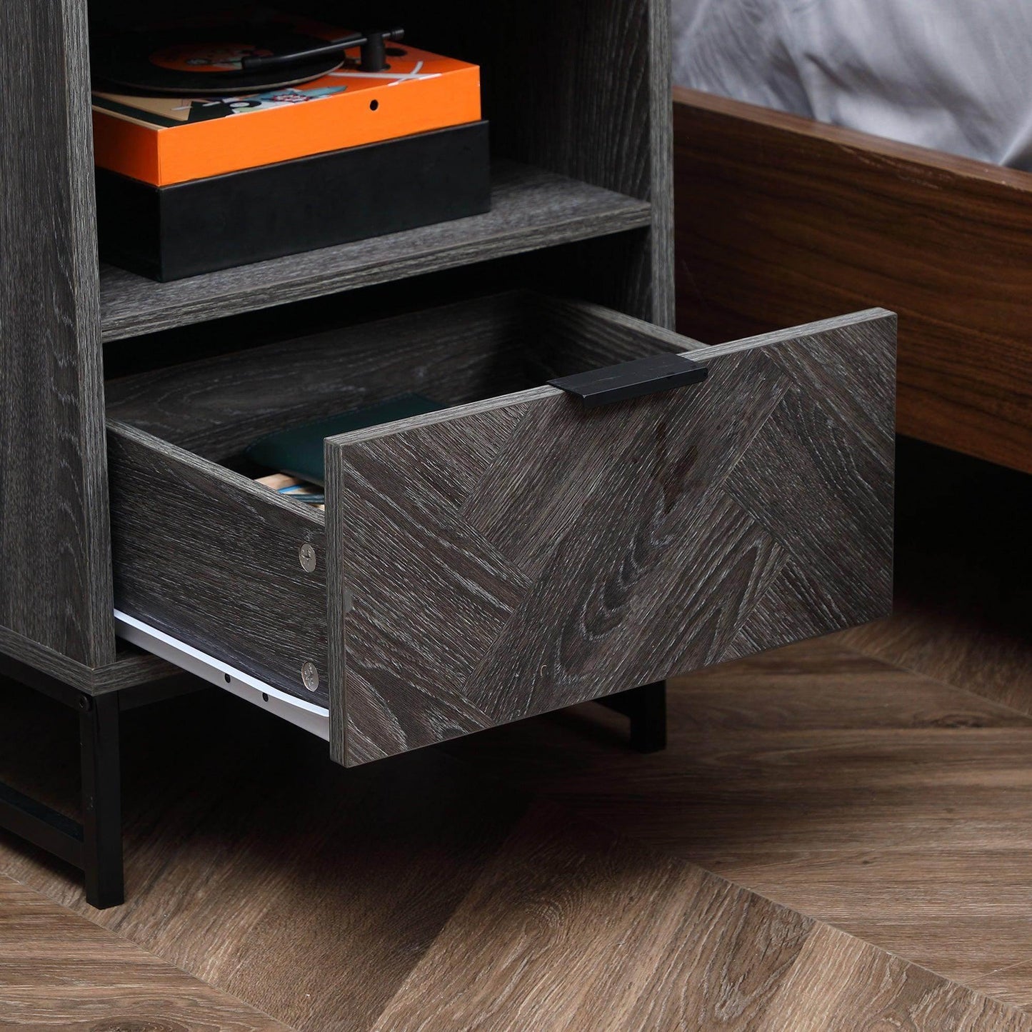 HOMCOM Modern Dark Grey Bedside Table with Drawer and Shelf - ALL4U RETAILER LTD