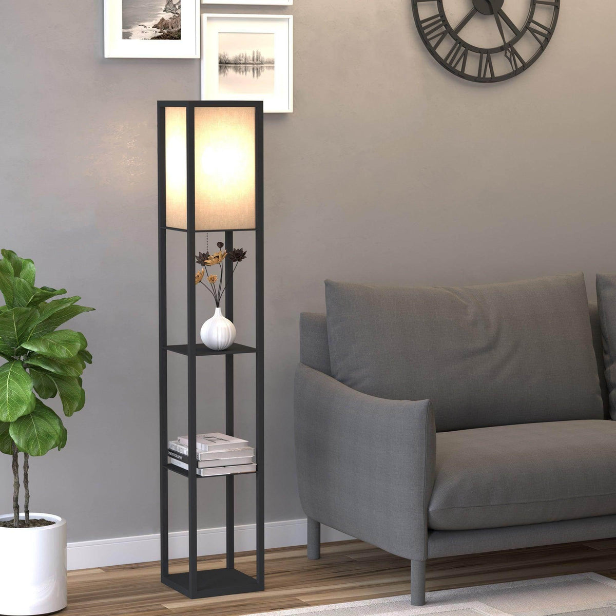 Modern floor lamp with 4-tier open shelves, dark frame and frosted shade panels