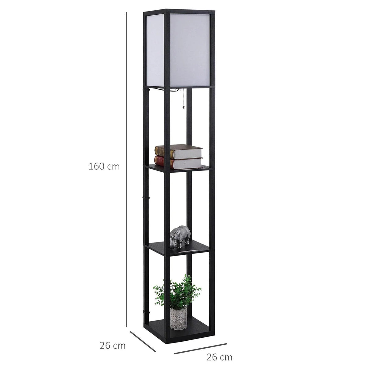 Tall floor lamp with square open frame and 3 visible shelves, dark finish