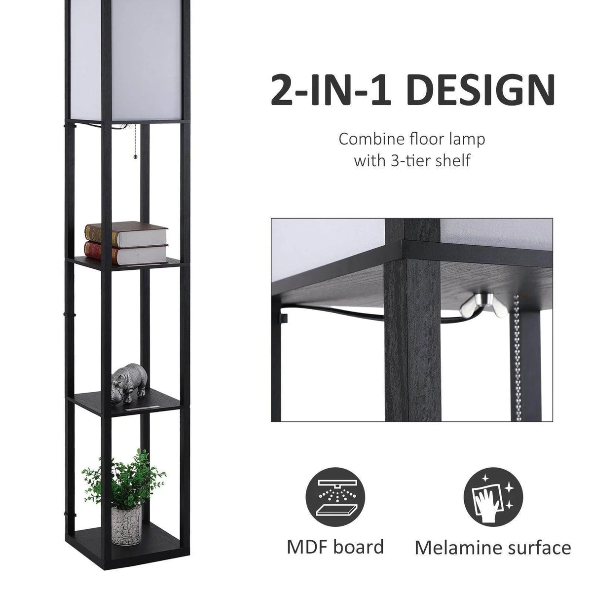 Floor lamp with frosted panels and three-tier shelf compartments, dark frame