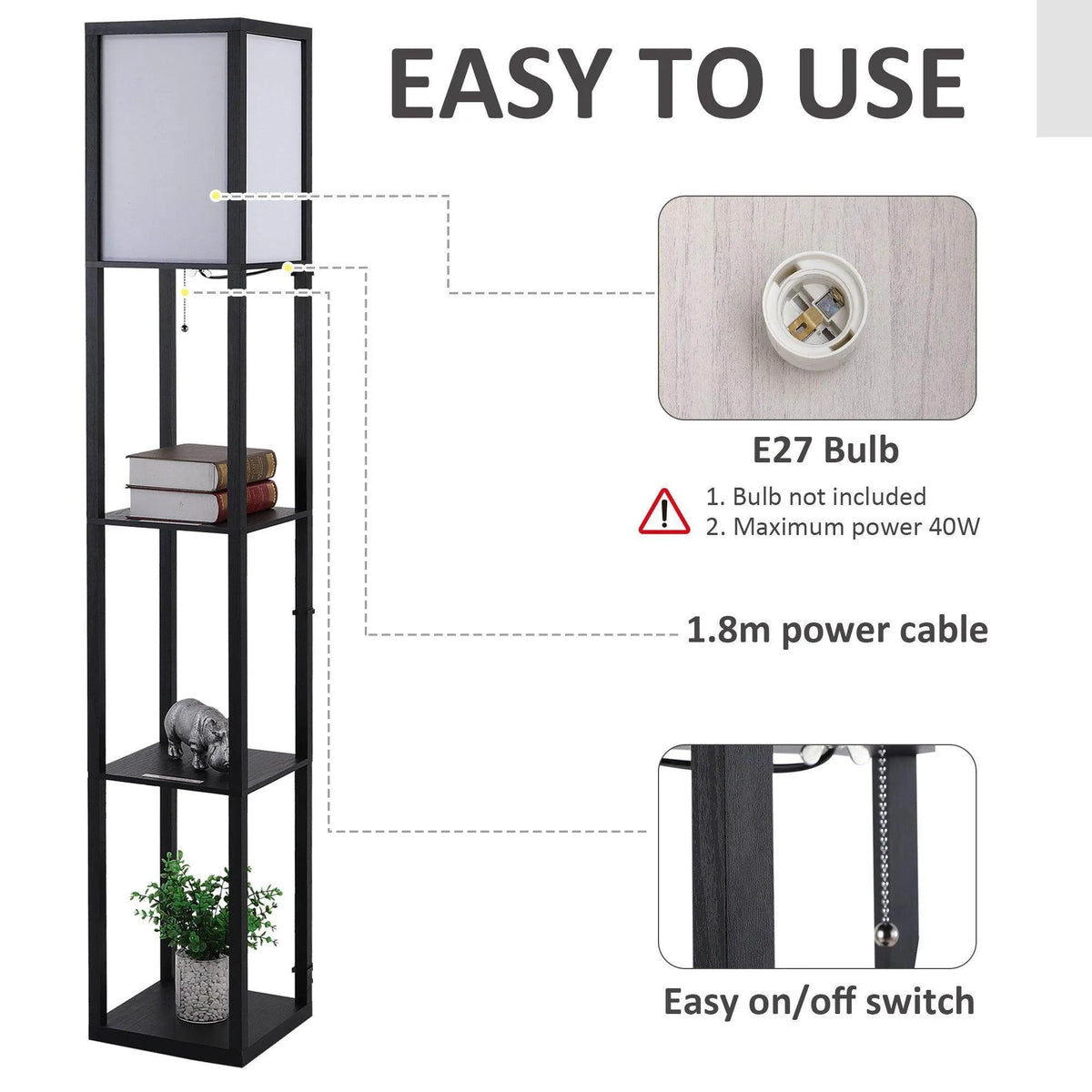 Floor lamp with open shelves, frosted panel, and E27 bulb socket detail