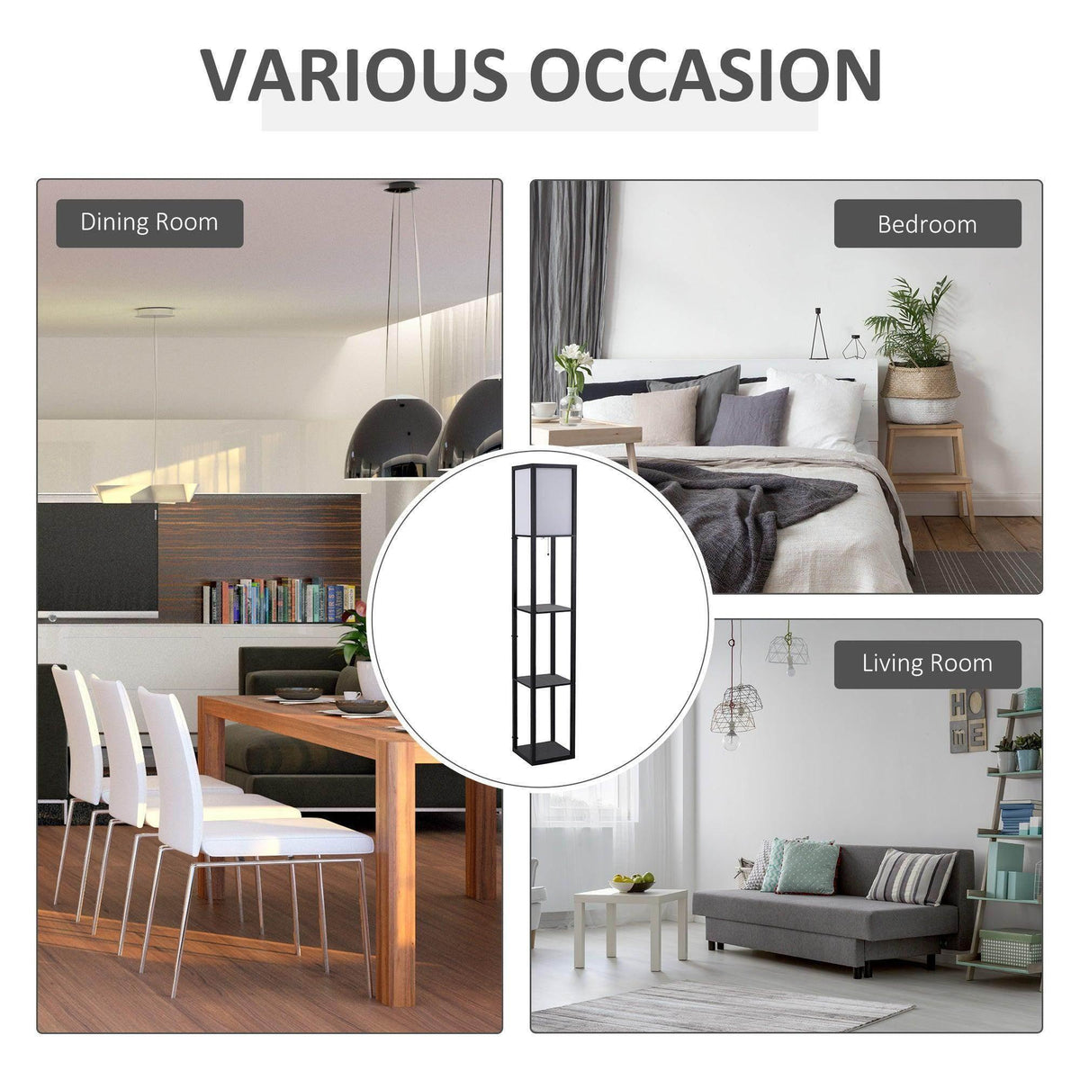 Floor lamp with dark open shelves and frosted lamp panels