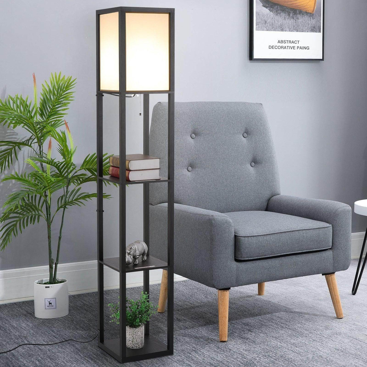 Modern floor lamp with dark open frame, frosted panels, and open shelving