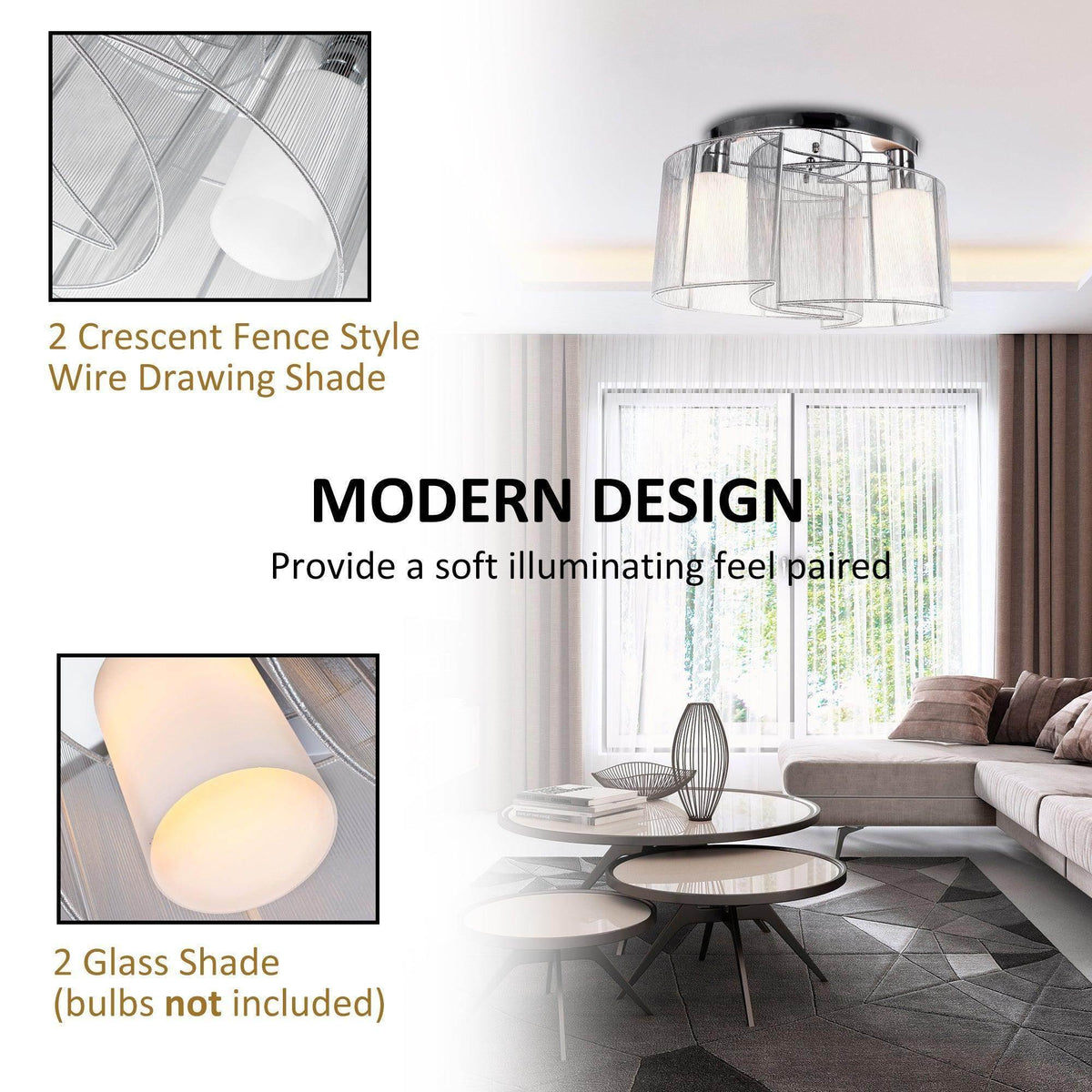 Flush mount ceiling light with clear cylindrical glass shades and chrome wire frame