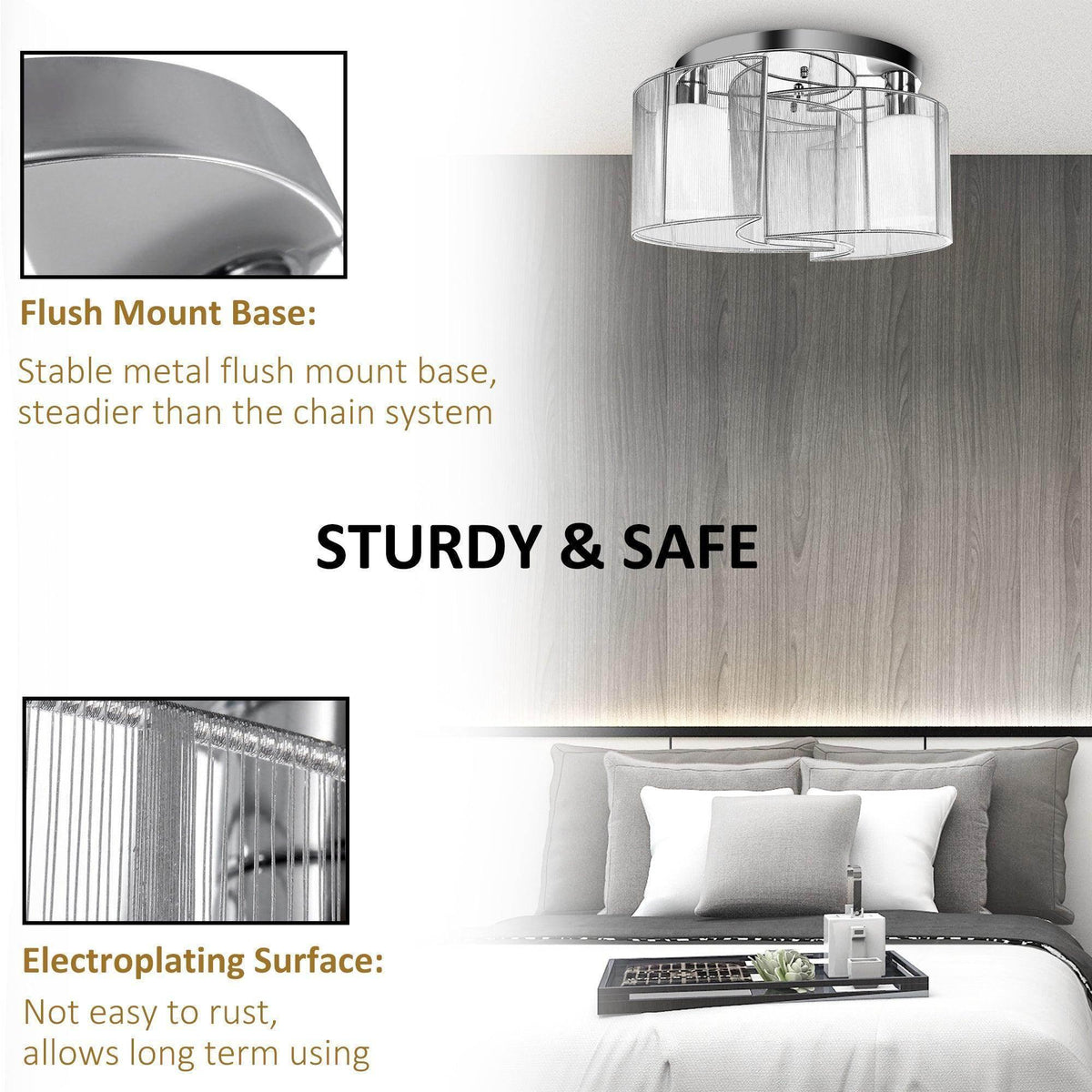 Flush mount ceiling light with stable metal base and clear glass shade, chrome finish