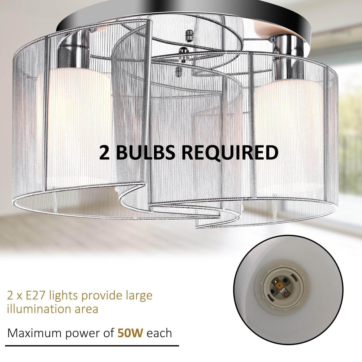 Flush mount ceiling light with two clear cylindrical glass shades and chrome metal frame