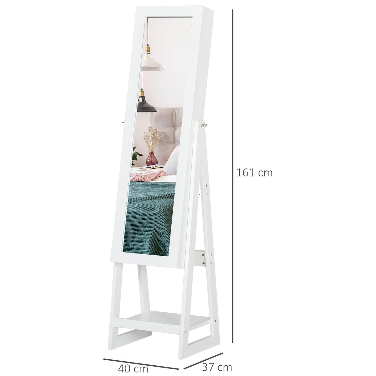 White full-length mirror jewelry storage armoire with side view and A-frame stand