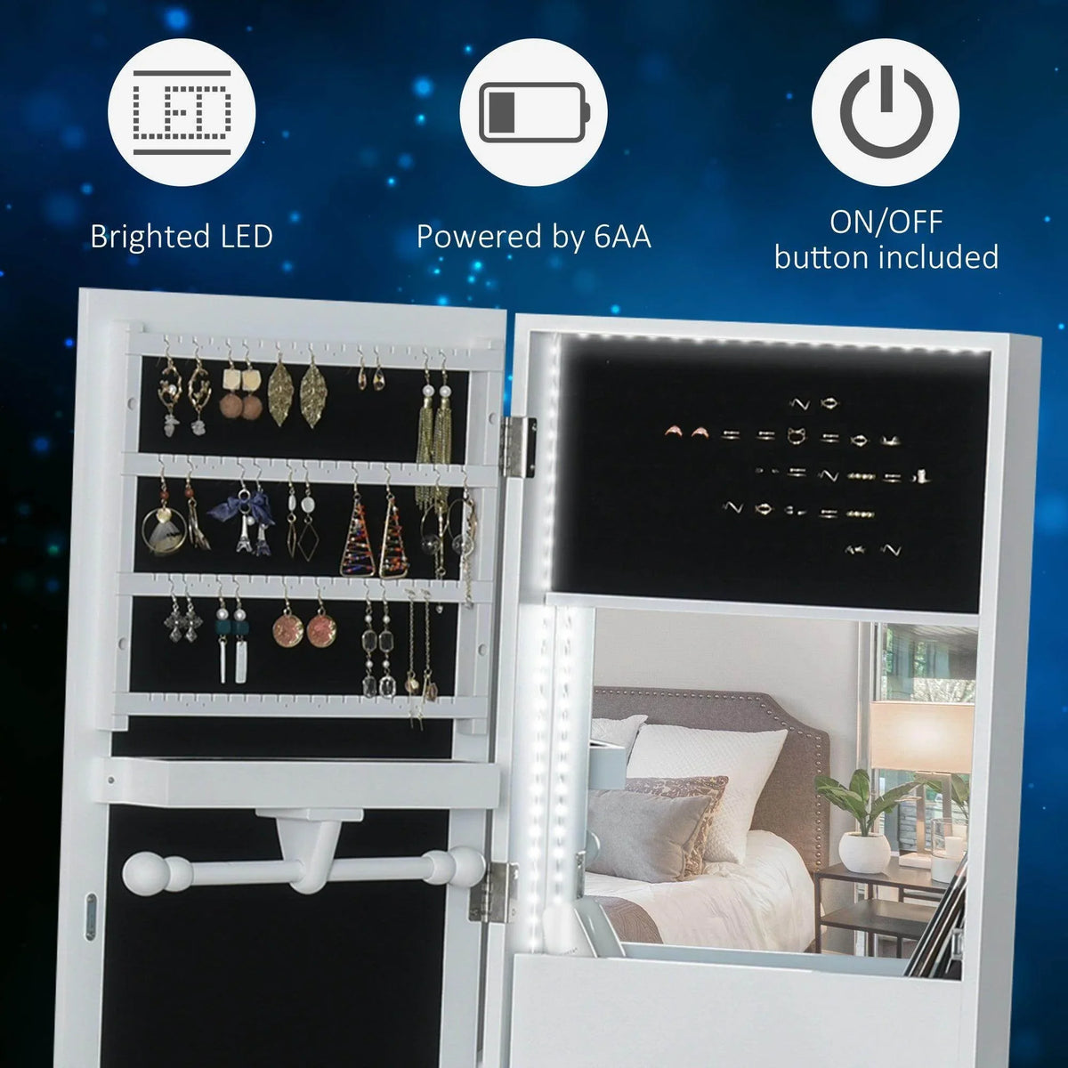 White jewelry storage armoire with LED-lit compartments for earrings and necklaces