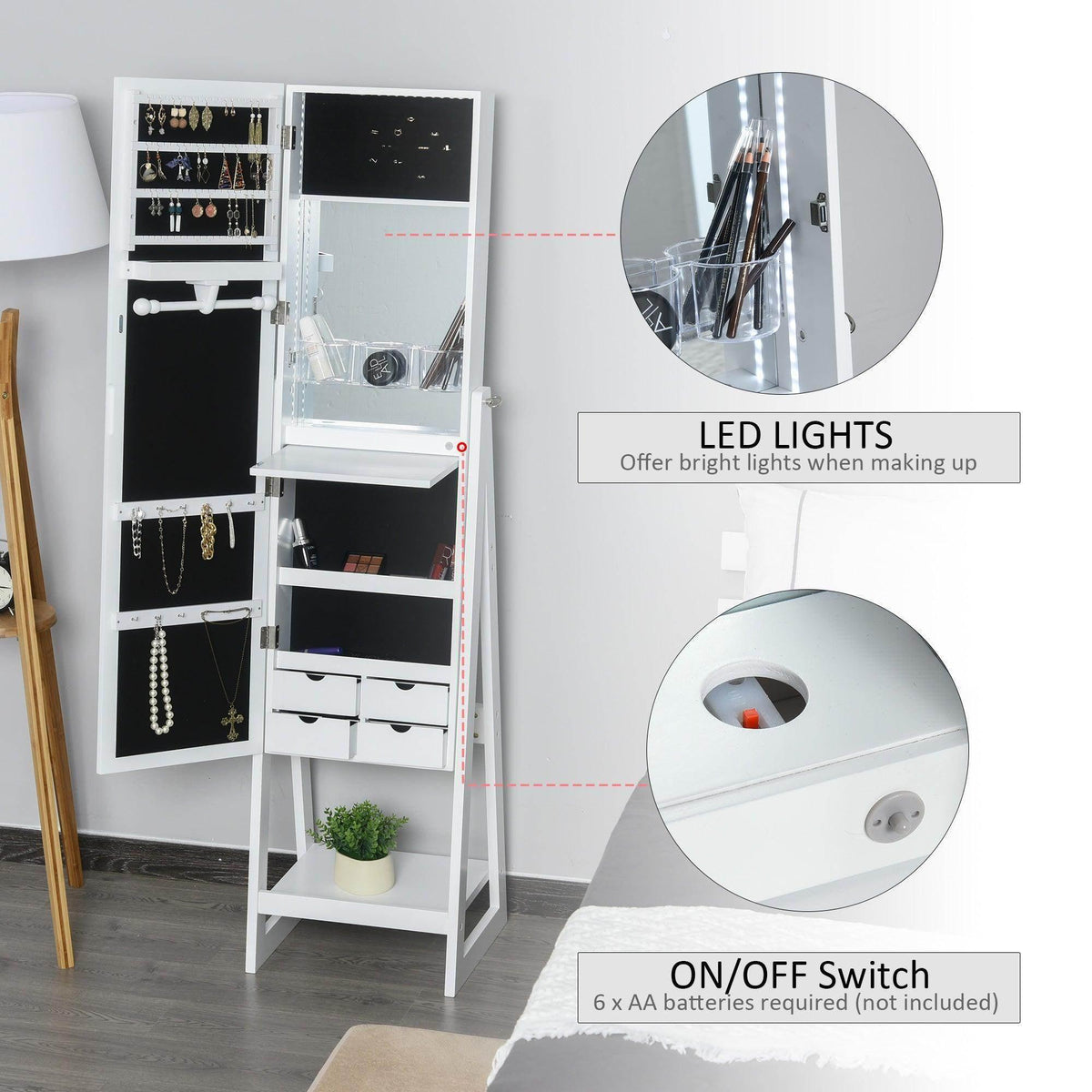 White jewelry storage armoire with LED lights and on/off switch panel