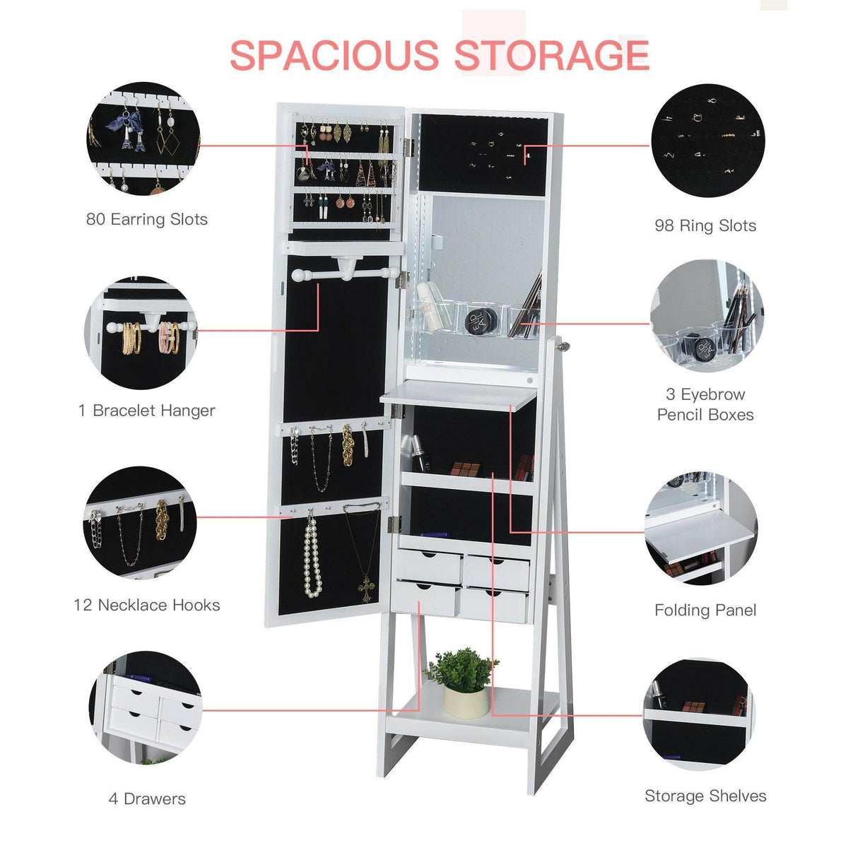 White jewelry storage armoire with multiple hanging hooks, ring slots, and drawers