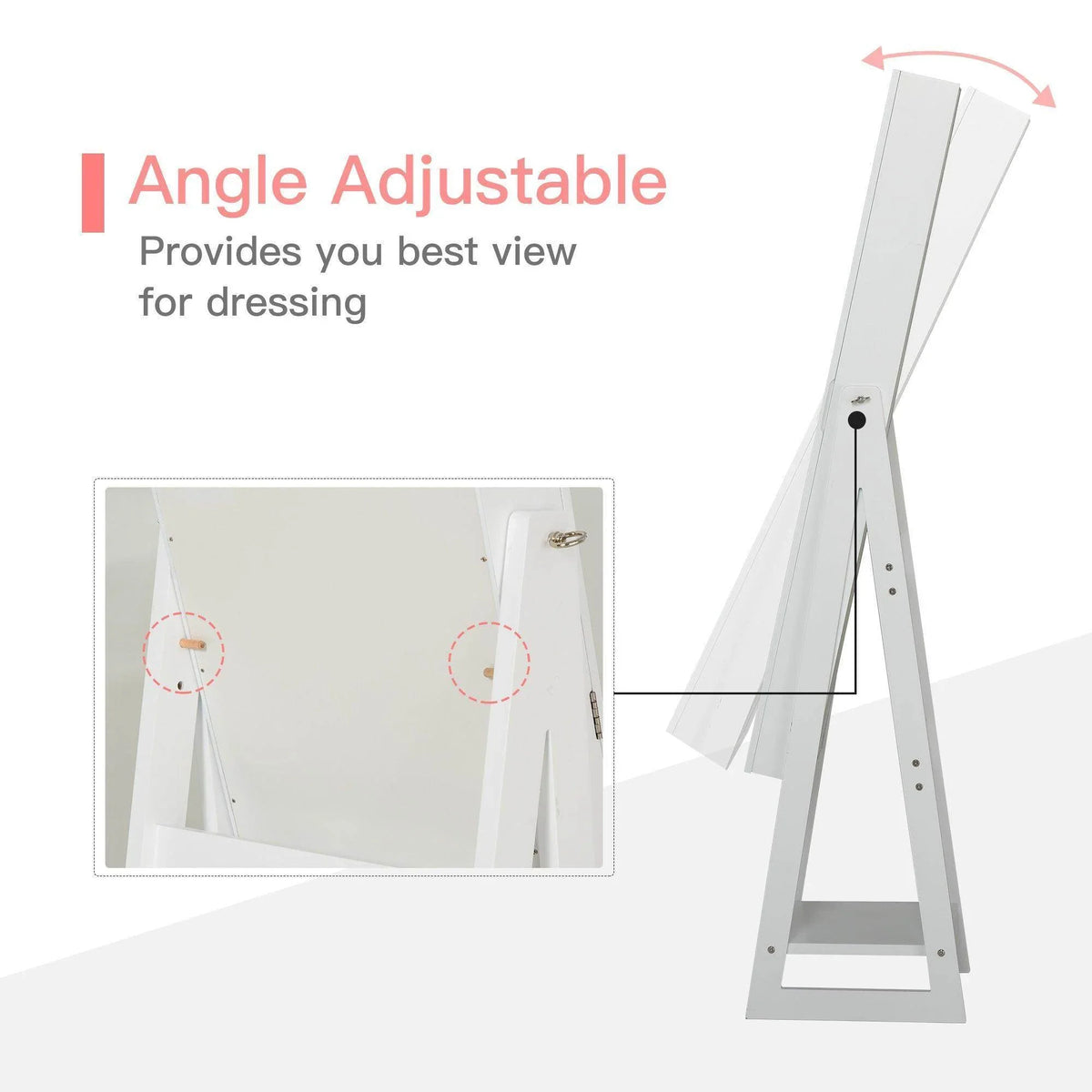 Angle-adjustable white full-length mirror jewelry armoire with tilting stand