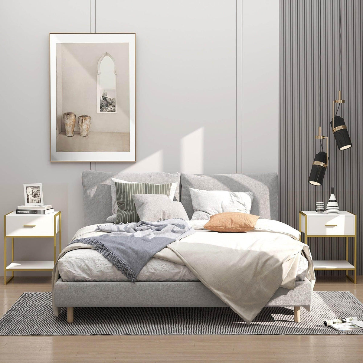 White nightstand set with drawer and open shelf, gold metal frame, bedside tables