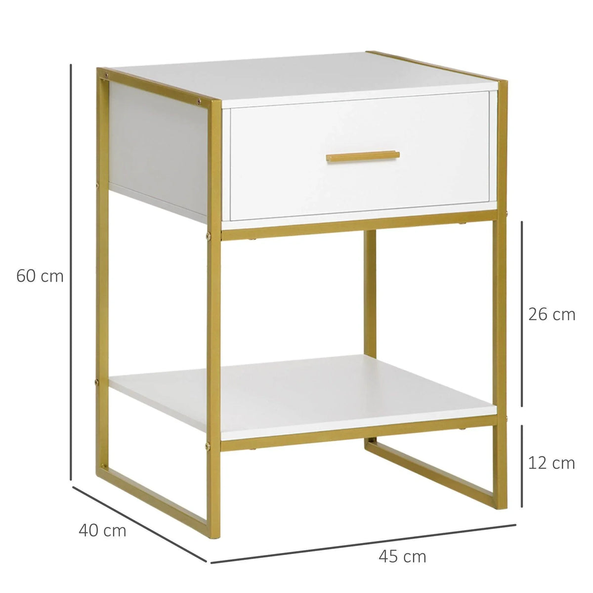 White nightstand with drawer, open bottom shelf, gold metal frame, rectangular side table