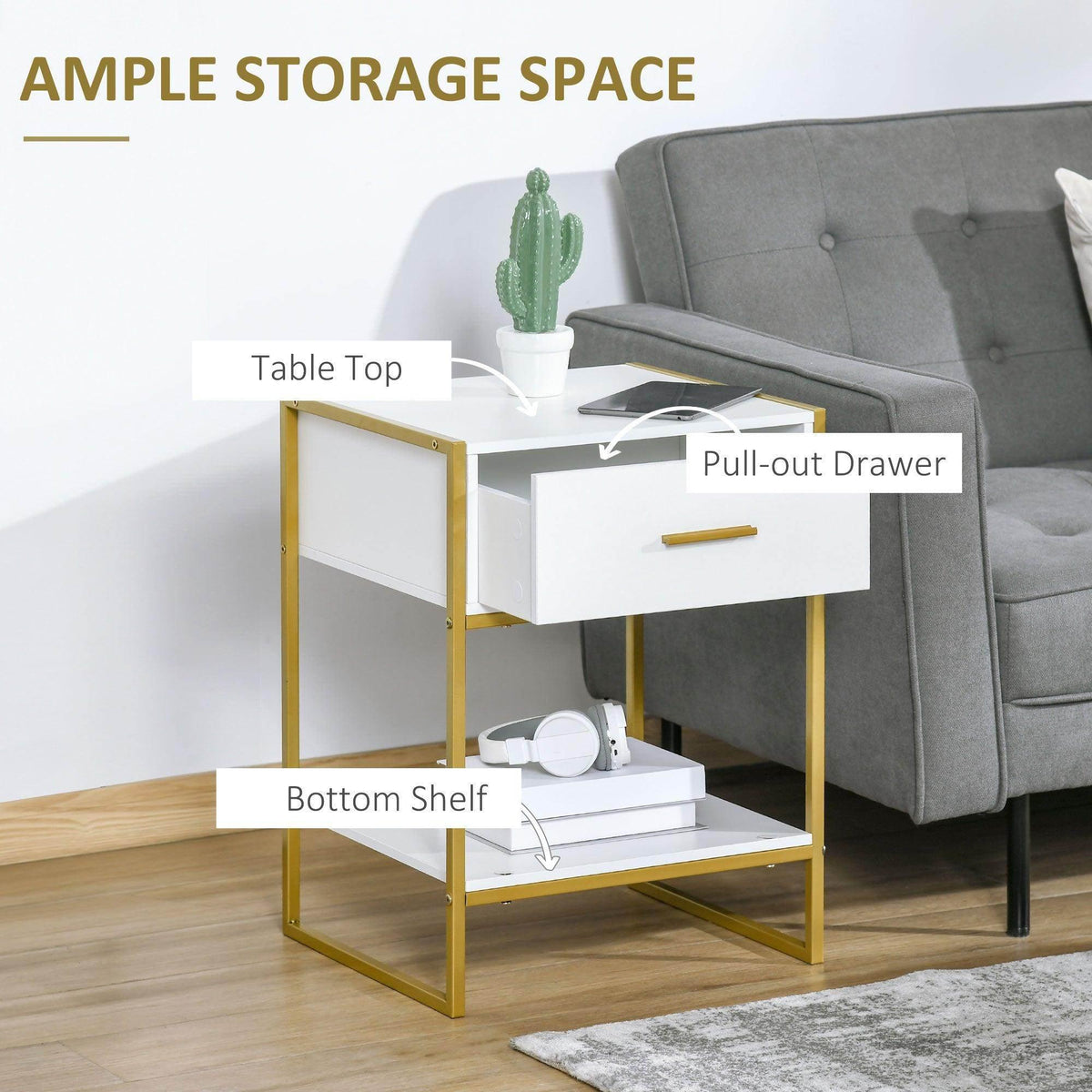 White nightstand with pull-out drawer and bottom shelf, gold frame, angled view