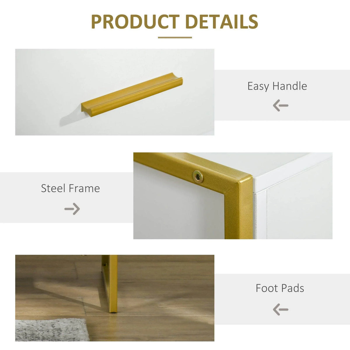 Gold handle, steel frame detail, and foot pads on a white nightstand, close-up