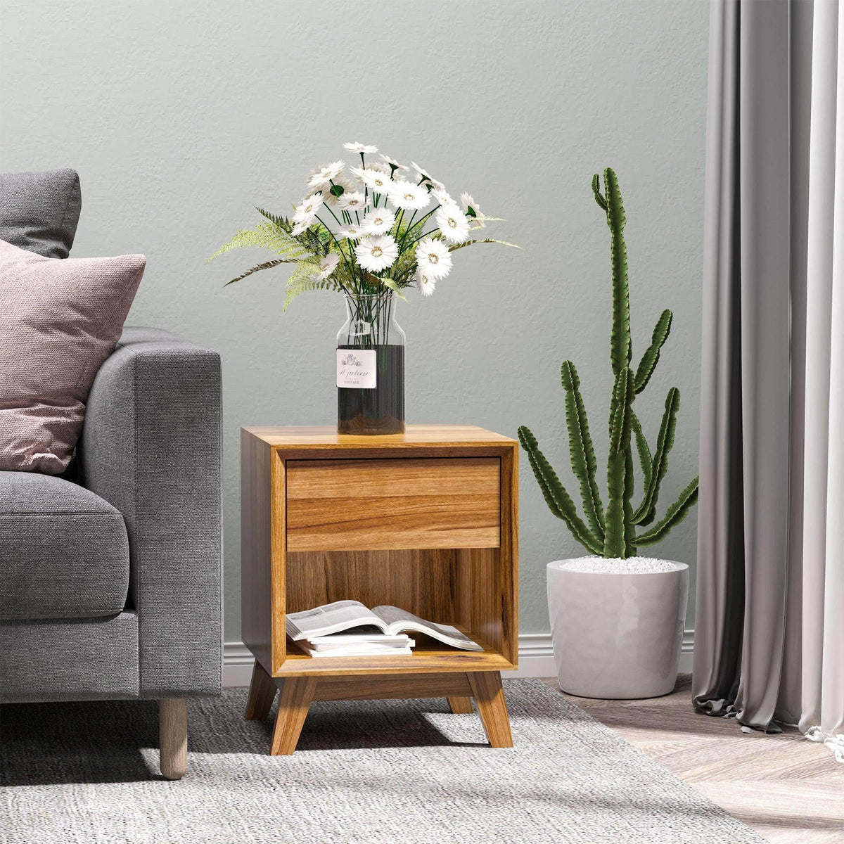 Warm brown wooden nightstand with front drawer and open lower shelf
