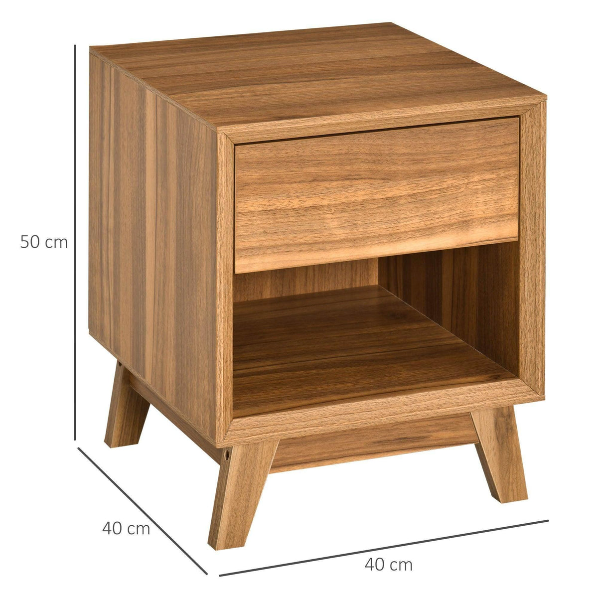 Brown wooden nightstand with drawer front, open side shelf, tapered legs