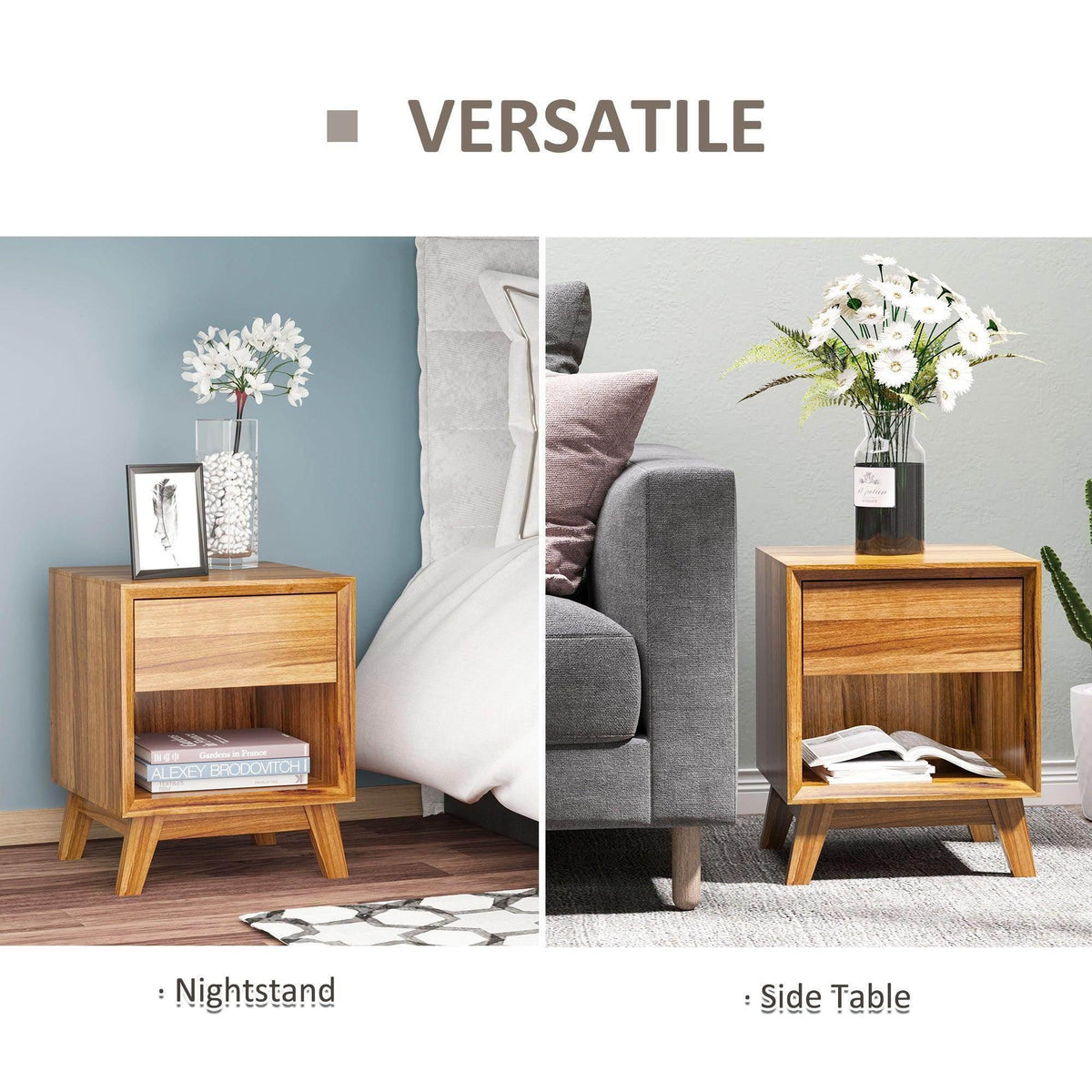 Wooden nightstand table with one drawer and open shelf, warm brown finish