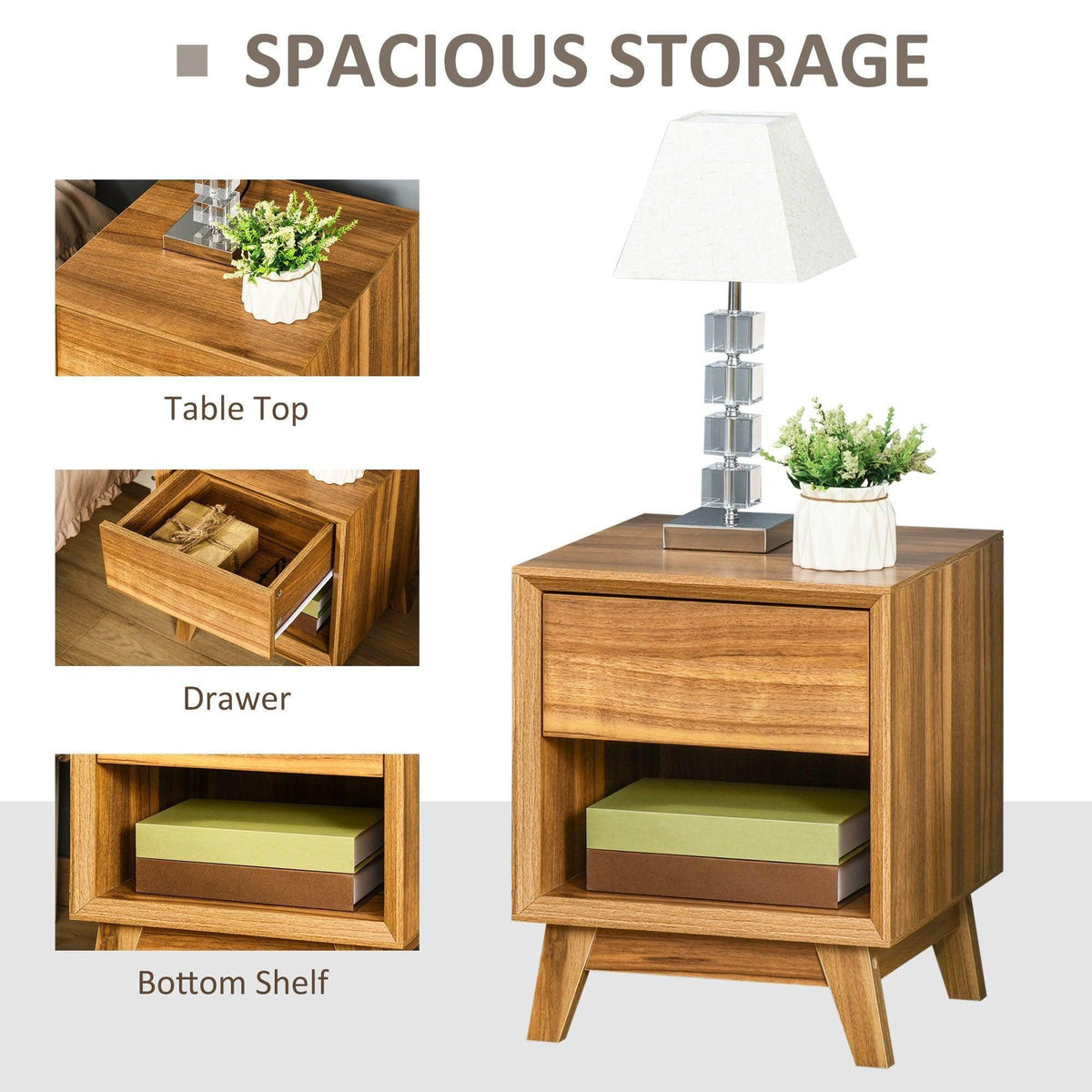 Wooden nightstand features: top surface, drawer, and open bottom shelf
