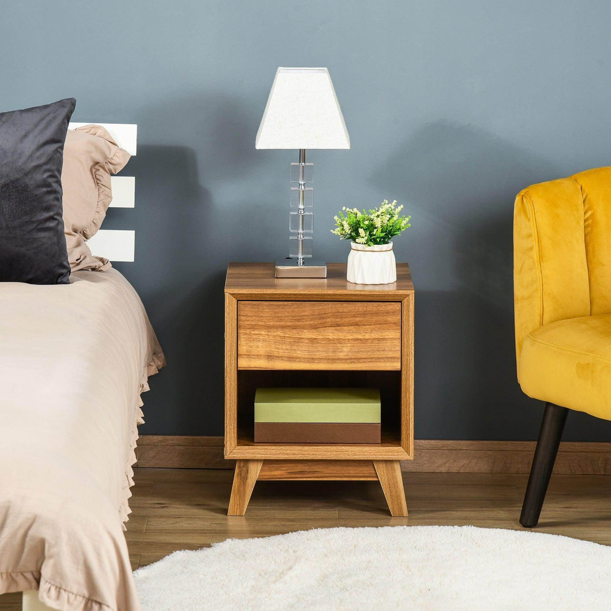 Warm brown wooden nightstand with drawer and open shelf under top