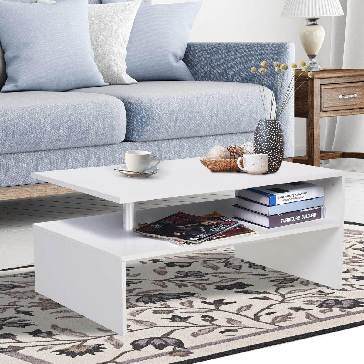 White 2-tier coffee table with open shelf and smooth rectangular tabletop