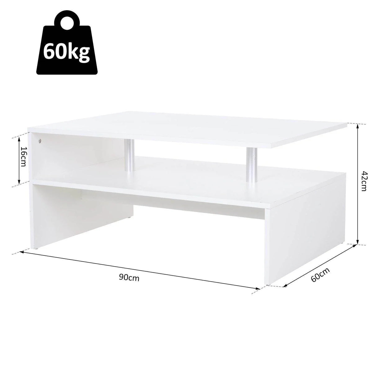 White 2-tier coffee table with open shelf and straight legs