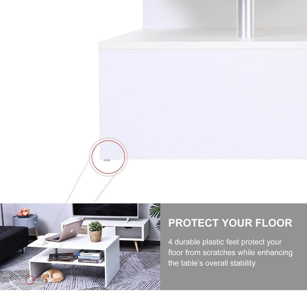 White coffee table with open center shelf and four vertical legs