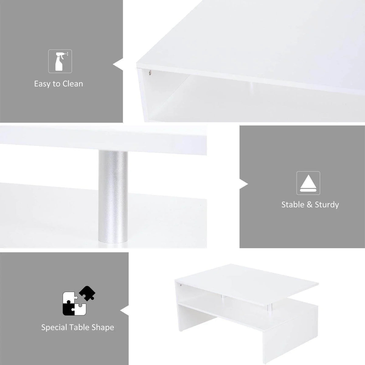 White 2-tier coffee table with open shelf and sturdy cylindrical legs