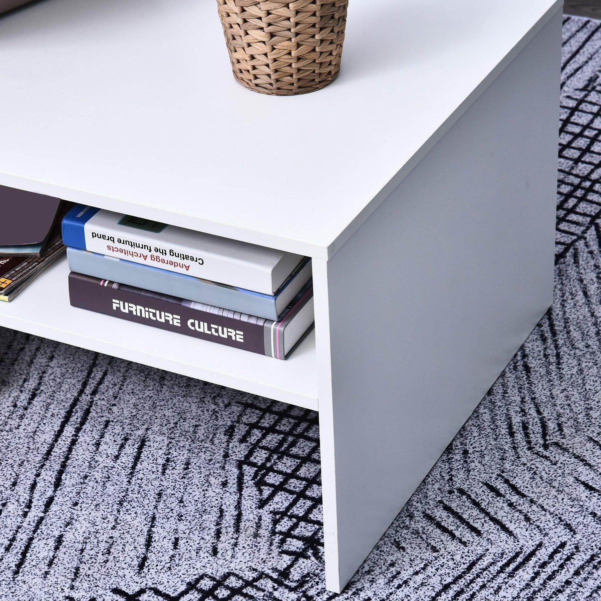 White 2-tier coffee table with open shelf, clean edges and square legs
