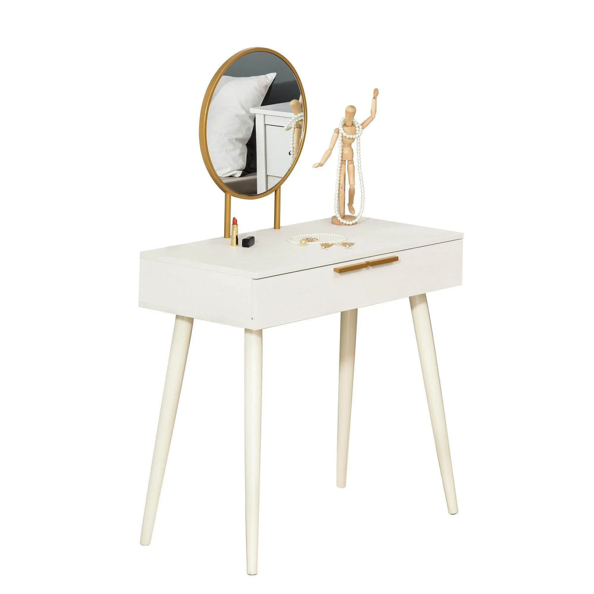 White vanity table with round mirror, gold-trimmed frame and drawer handle