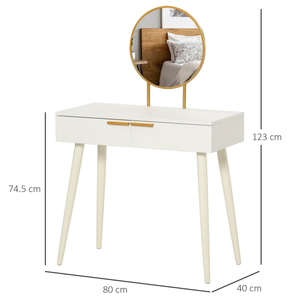 White makeup vanity table with round mirror and gold bar handle, side view