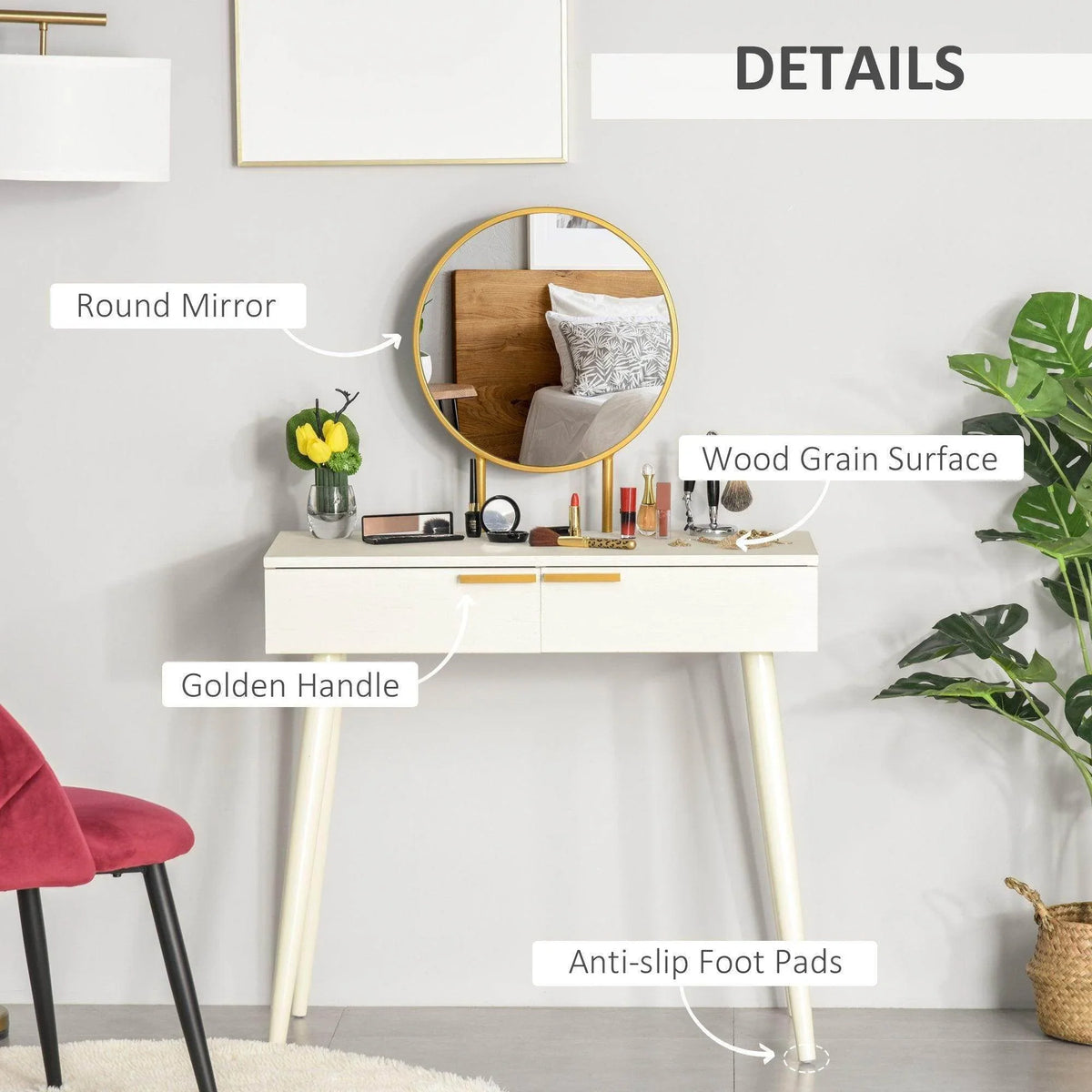 White vanity table with round mirror, golden handle, and wood-grain surface
