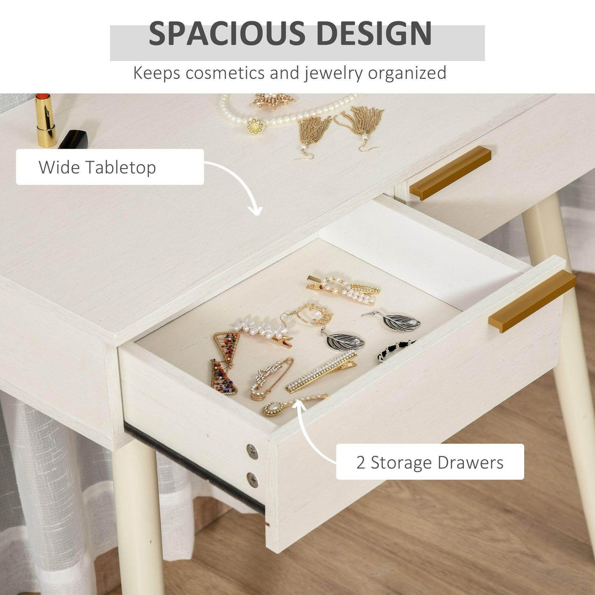 White vanity table with wide top and two storage drawers, drawers open