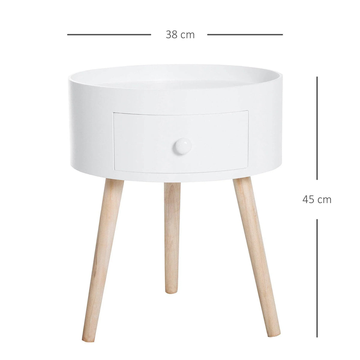 White round coffee table with drawer front, four light wood legs