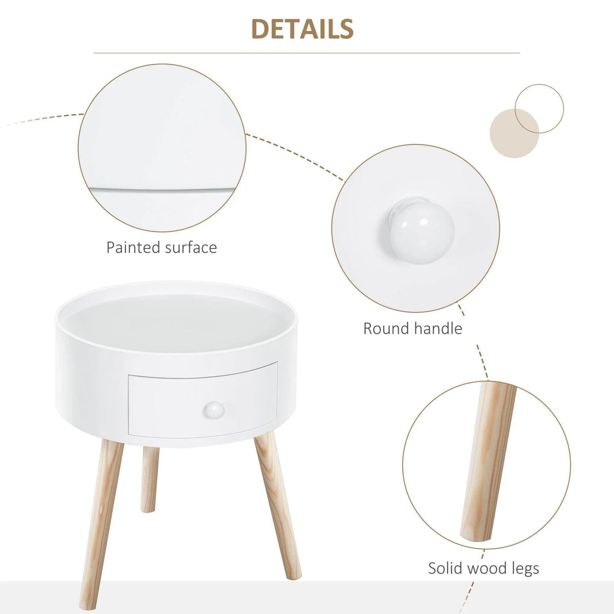 White round table with painted surface, round drawer handle, solid wood legs