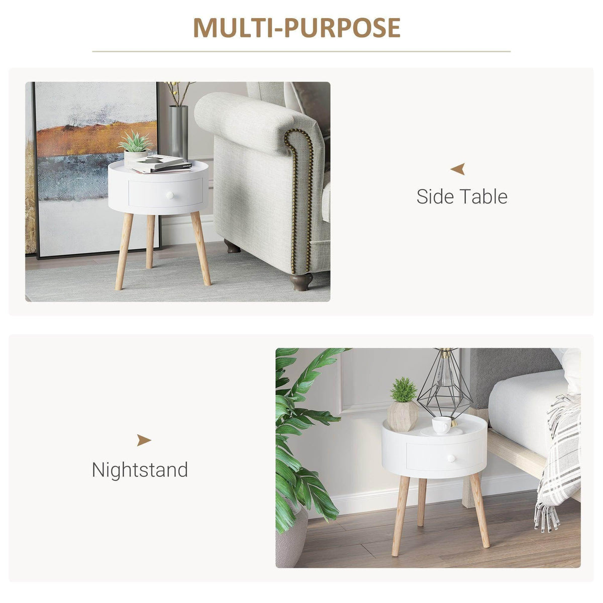 White round table with drawer and wood legs shown as side table and nightstand