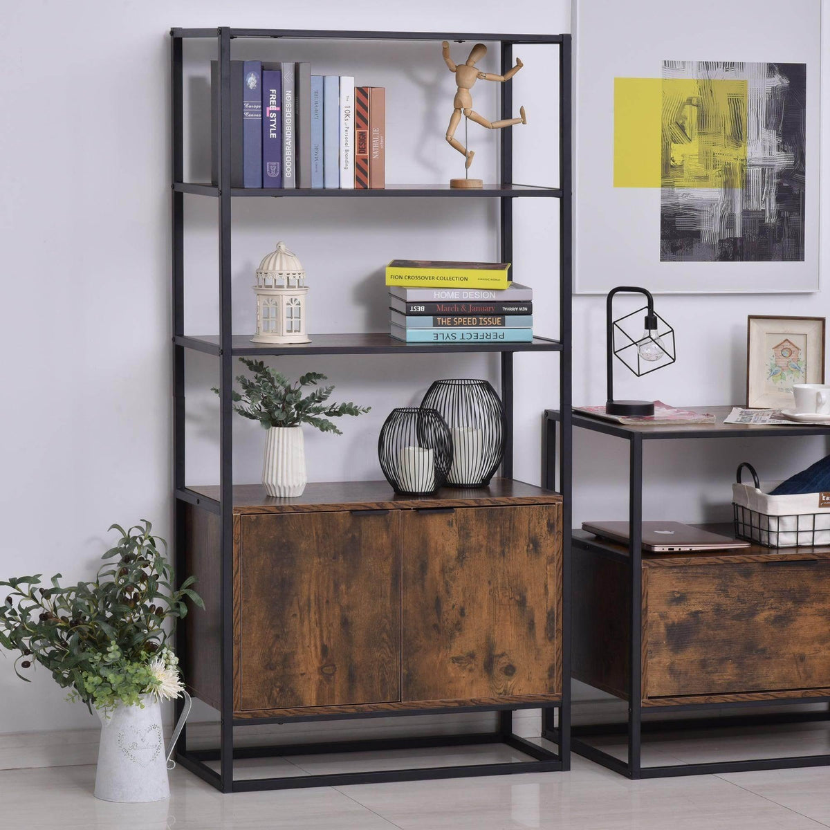 Brown storage cabinet with three open shelves and lower cabinet door