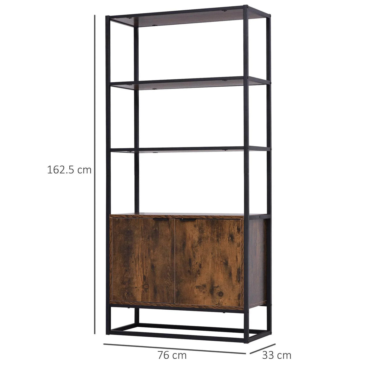 Rustic brown storage cabinet with open shelves and framed lower cabinet door