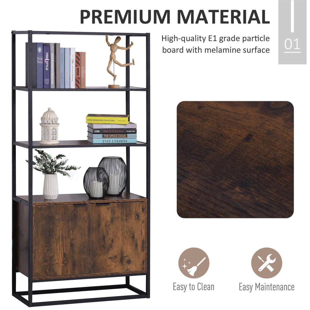 Rustic brown cabinet with gray metal frame, three open shelves, and lower door