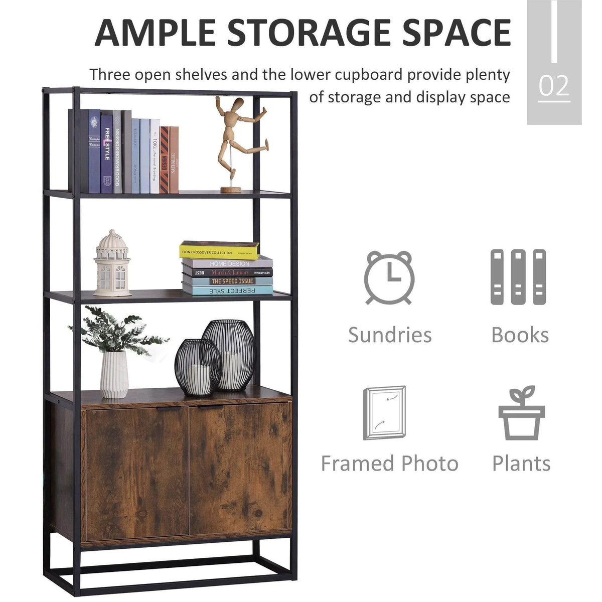 Freestanding storage cabinet with three open shelves and lower cabinet door in brown