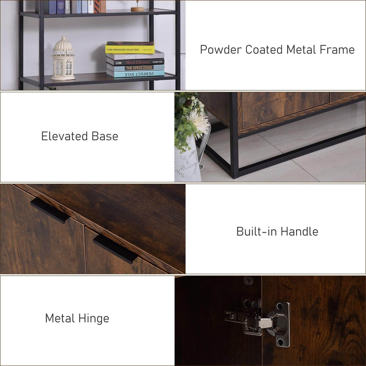 Rustic brown cabinet detail with black metal frame, built-in handle, and hinges